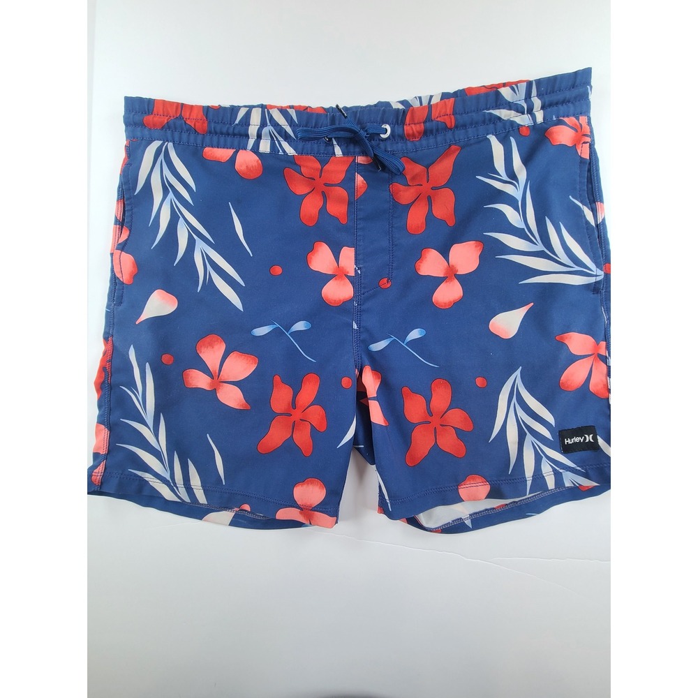 Hurley Swim Board Shorts Mens Medium Blue Floral Tropical Beach Drawstring Waist